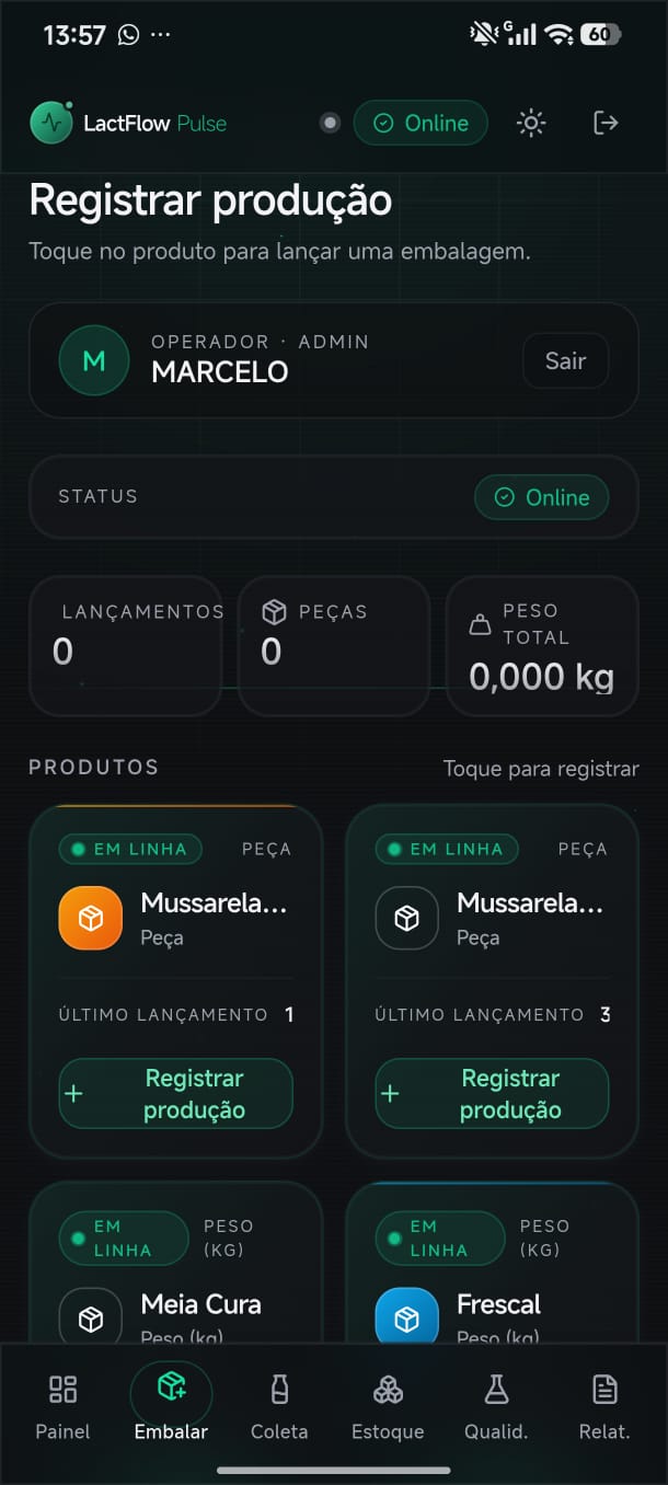 App mobile LactFlow Pulse na tela de Registrar produção