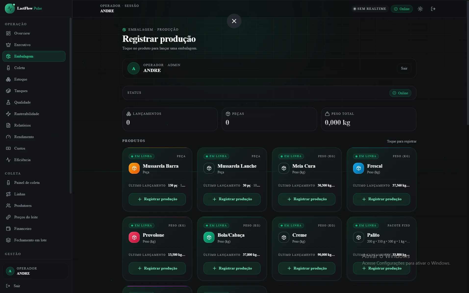 Tela real de produção e embalagem do LactFlow Pulse