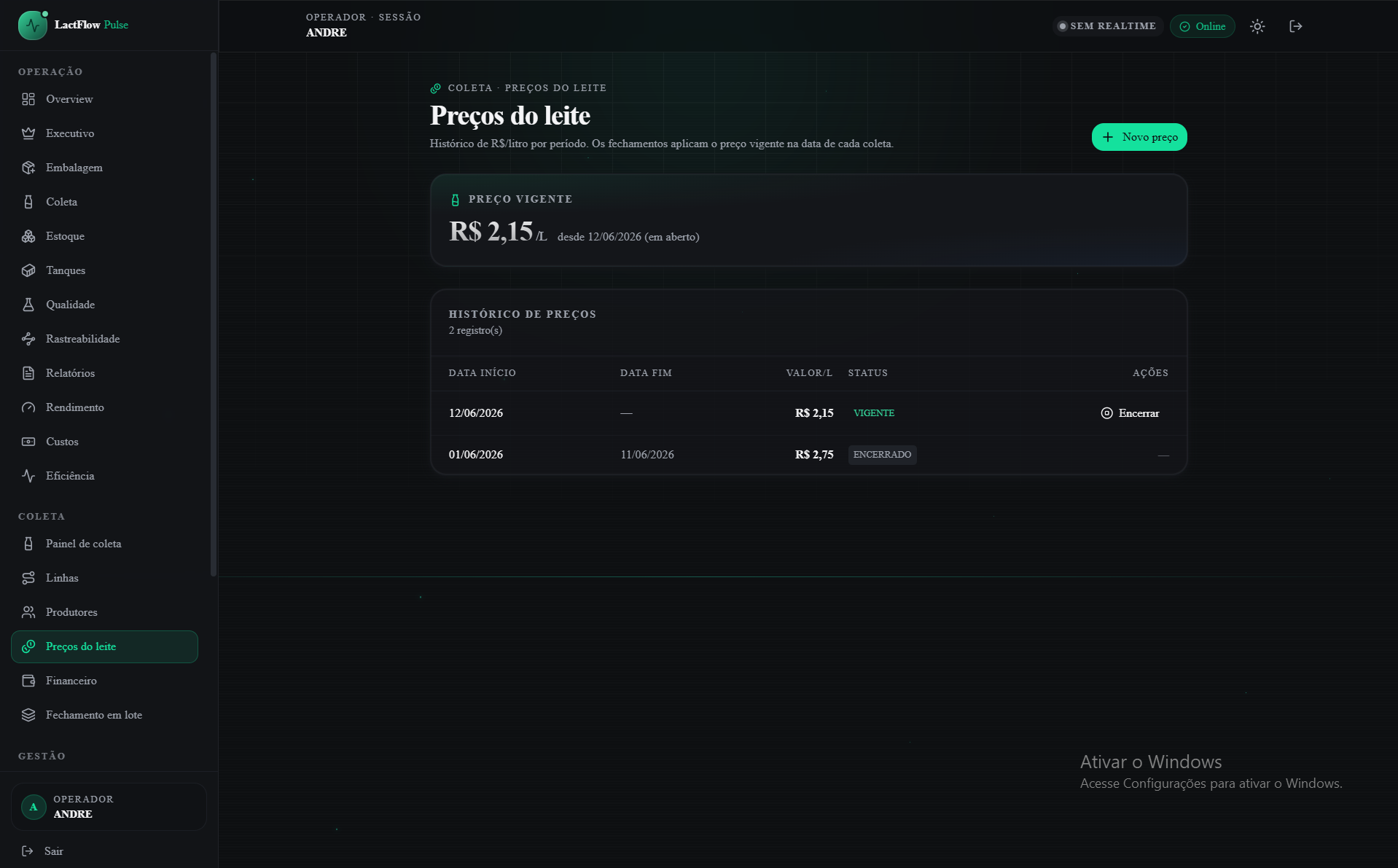 Tela de Preços do leite do LactFlow Pulse com preço vigente e histórico