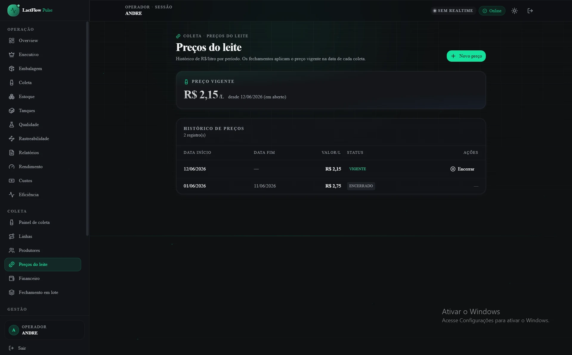 Tela real do LactFlow Pulse com preços do leite e histórico por período