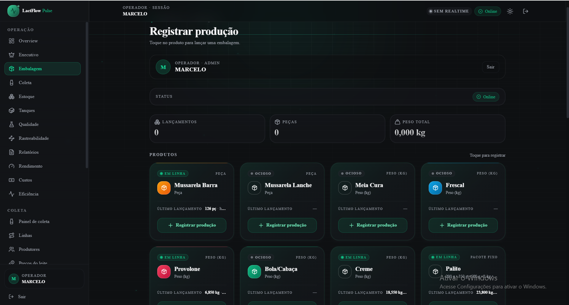 Tela real do LactFlow Pulse usada para registrar a produção